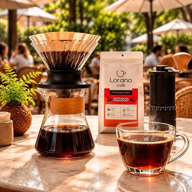 Ritual de extracción de café de especialidad Chemex en tetera de bronce artesanal en Bliss Soul Bakery Sabaneta
